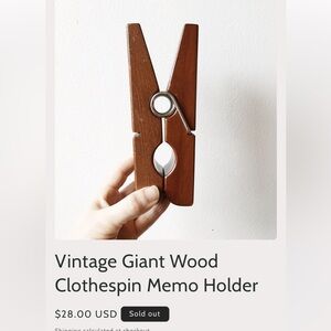 Vintage Wooden Giant Clothespin Memo Holder - Brown